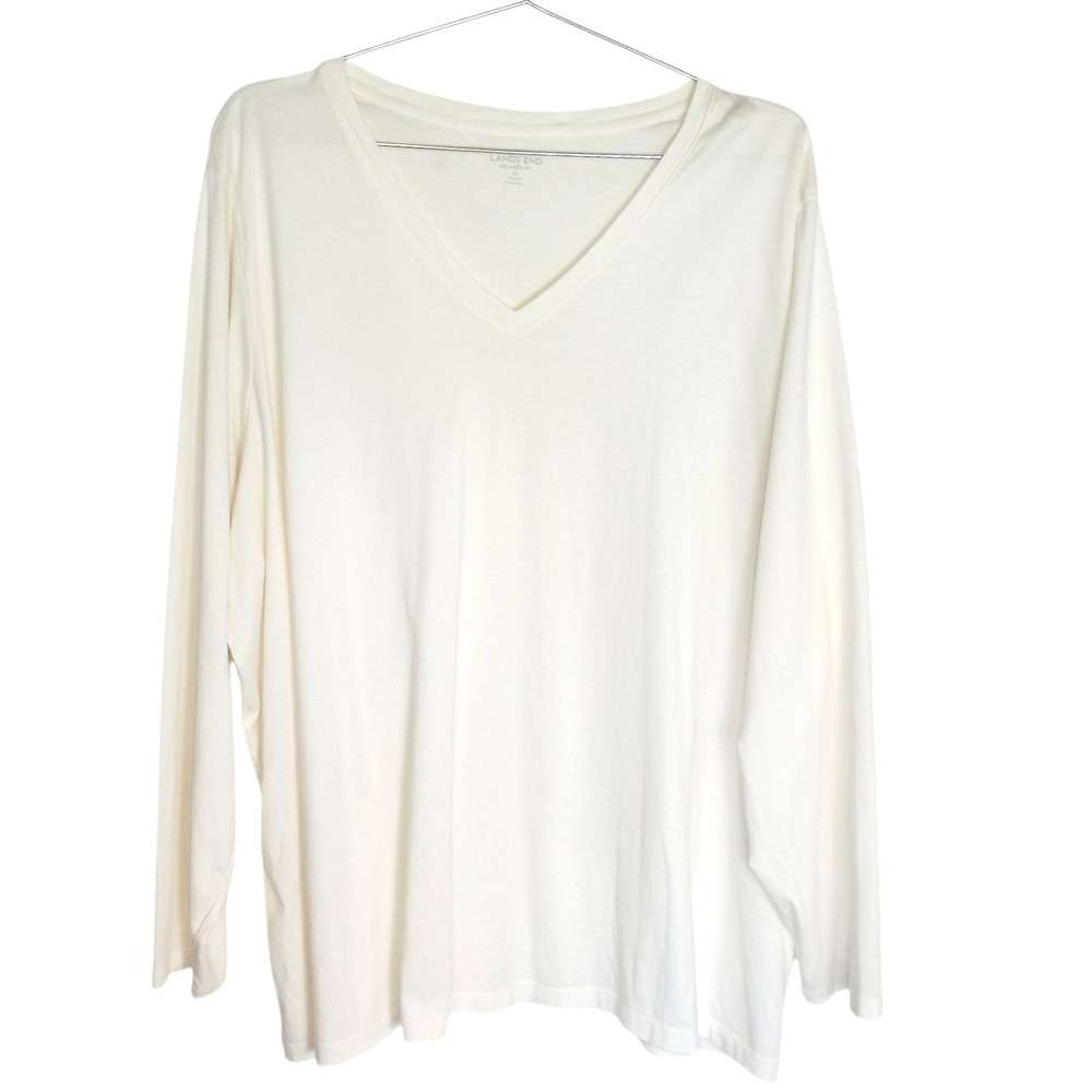 Lands End Womens 3X Relaxed‎ Fit V-Neck Long Sleeve Tee Ivory 100% Supima Cotton